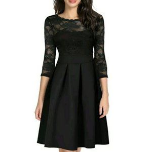 NEW Miusol Dress Sz S Black Floral Lace 3/4 Slv Fit Flare Knee Length